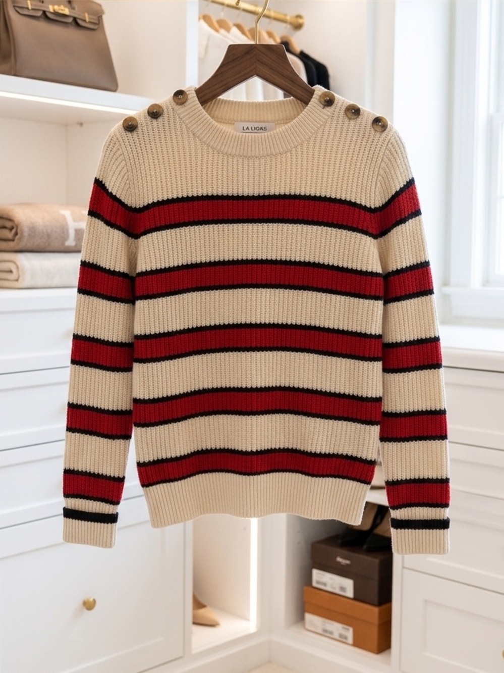 LA LINGE Nautical Red Black and Cream Striped Cotton Sweater- XS